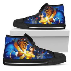 Beauty And The Beast Sneakers Couple High Top Shoes Gift Idea PT19-Gear Wanta Mens High Tops, Black High Tops, High Top Vans, Shoe Gifts, Soft Textiles, Boots And Sneakers, High Top Shoes, The Beast, Converse High Top Sneaker