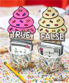 two cupcakes that are on top of each other with the words true and false