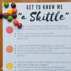 a sign that says get to know me'n a skittle with candy on it