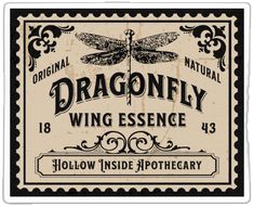 the label for dragonfly wing essene, which is available in various sizes and colors