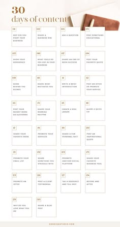 the 30 days of content calendar is shown on top of a white sheet with gold lettering