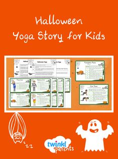 the halloween yoga story for kids is shown with an orange background and white writing on it