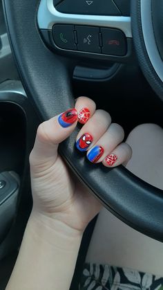 Spider Man Gel Nails, Spider Man Short Nails, Spiderman Acrylic Nails, Spiderman Inspired Nails, Spidey Nails