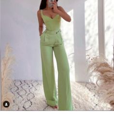 Zara Wide Leg Pants, Green, Size Small, Nwt Fitted Pants With Pockets For Summer, Solid High-waisted Spring Jumpsuits And Rompers, Elegant Wide Leg Jumpsuits And Rompers With Pockets, Chic Straight Leg Jumpsuit For Spring, Elegant High-waisted Jumpsuits For Spring, Elegant High-waisted Jumpsuits And Rompers For Spring, Elegant High-waisted Spring Jumpsuits And Rompers, High Waist Pantsuit With Pockets For Party, Fitted Green Pantsuit For Summer