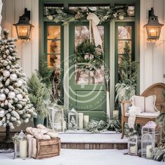 the front porch is decorated for christmas with greenery and candles