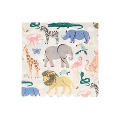 an elephant, giraffe, zebra and other animals on a white background with blue accents