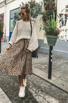 Sweater + Leopard Print Midi Skirt + Sneakers Midi Leopard Skirt Outfit, Leopard Print Midi Skirt Outfit, Skirt Sneakers Outfit, Skirt Sneakers, Leopard Midi Skirt, 2023 Wardrobe, Autumn 23, Clothes Tips, Leopard Print Skirt