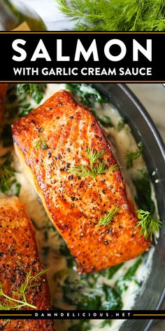 This fish recipe is an easy homemade meal in just 30 minutes! Complete with spinach in a garlic cream sauce, this pan-seared salmon is irresistible. This quick weeknight dinner is also impressive enough to serve guests! Garlic Cream Sauce, Pan Seared Salmon, Seared Salmon, Seafood Dinner, Fish Dishes, Cream Sauce, Seafood Dishes, Salmon Recipes, Fish Recipes