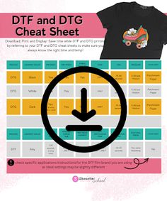 a t - shirt with the text dtf and dtg chat sheet on it