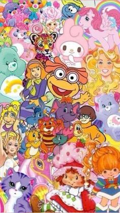 a bunch of cartoon characters are grouped together in this collage, all with different colors and sizes