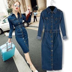 Women Denim Dress Winter Office Slim Big Size Jeans Mid-Cuff Dress Cowboy Dress With Belt For Women Jeans Dress Plus Size Dresses Denim Dress Winter, Long Denim Dress, Casual Denim Dress, Long Sleeve Denim Dress, Winter Office, Blue Jean Dress, Sukienki Plus Size, Parisienne Chic, Womens Denim Dress