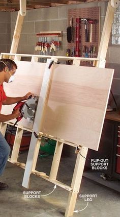 a man working on an easel in a garage