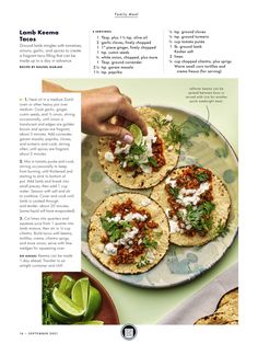 an article about mexican food is featured in the magazine's cookbook, featuring three tacos