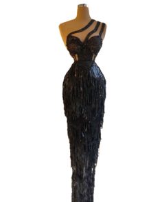 This unique maxi dress with tassels, beads on corset with three straps in on shoulder would look perfect on you for a big occasion. Black Tassel Dress, Tassels Dress, Unique Maxi Dresses, Wedding Nightgown, Dress With Tassels, Tassel Dress, Cocktail Gowns, Queen Dress, Feather Dress