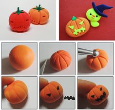 there are many pictures of pumpkins being made with fondant icing and other decorations