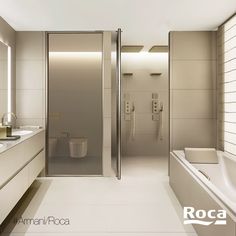 a modern bathroom with two sinks and a bathtub in the middle, along with a walk - in shower