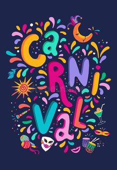 the word carnival is surrounded by colorful confetti and decorations on a dark background