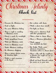 a christmas activity check list with red and white stripes on the bottom, in an old - fashioned style