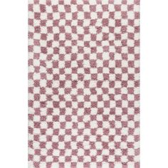 a pink and white rug with checkered pattern