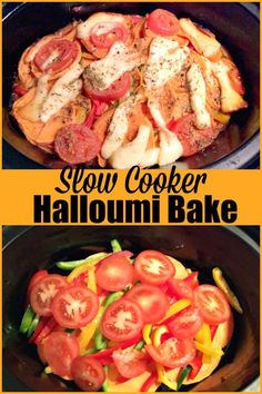 slow cooker halloween bake recipe with tomatoes, chicken and peppers in the skillet