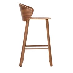 a wooden bar stool with a curved seat and backrest on an isolated white background