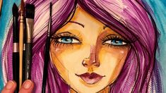 a drawing of a woman's face with purple hair and blue eyes holding two brushes