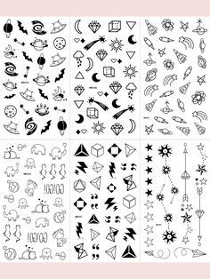 various black and white tattoos with different designs on them, including stars, moon, hearts,