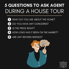 a man pointing at the top of his house with text that reads 5 questions to ask agent