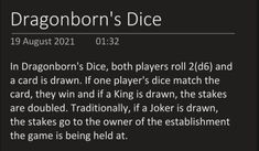 the dragonborn's dice is shown in black and white, with text on it