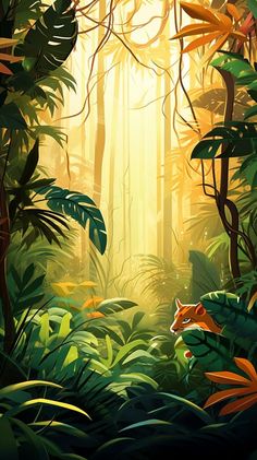 the sun shines through the trees and leaves in the jungle with an animal on it's back