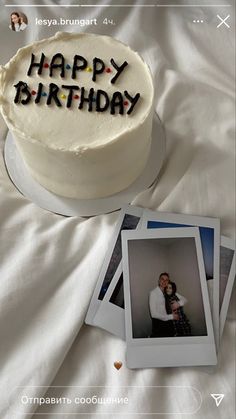 a birthday cake with the words happy birthday written on it next to polaroid photos