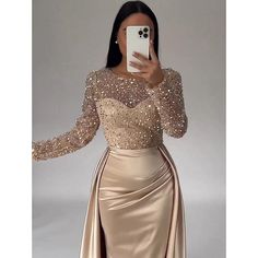 Silhouette:Mermaid / Trumpet; Hemline / Train:Floor Length; Closure:Zipper UP; Built-In Bra:Yes; Embellishment:Overskirt,Pearls; Fabric:Sequined,Satin; Sleeve Length:Long Sleeve; Tips:Professional dry cleaner only,Colors may vary slightly due to different monitor settings; Boning:No; Style:Sparkle  Shine,Elegant; Occasion:Masquerade,Carnival; Neckline:Illusion Neck; Front page:Evening Gown; Listing Date:08/29/2023; Bust:; Hips:; Hollow to Floor:; Waist:; Features:Fall Wedding Reception Champagne Satin Dress, Fall Wedding Reception, Cocktail Dress Elegant, Satin Dresses Long Sleeve, Sequin Evening Gowns, Evening Dresses Online, Satin Dress Long, Fall Wedding Guest Dress, Cheap Evening Dresses