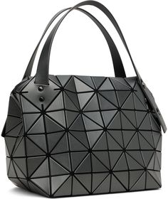 Mesh shoulder bag in black. Signature triangular vinyl appliqués in gunmetal tone throughout. · Logo-embossed adjustable shoulder straps · Bumper studs at base · Two-way zip closure · Patch pocket at interior · Logo-woven canvas lining · Logo-engraved gunmetal-tone hardware · H9.5 x W16 x D6.5 Supplier color: Gunmetal Interior Logo, Bao Bao Issey Miyake, Bao Bao, Boston Bag, Mesh Bag, Issey Miyake, Shoulder Straps, Patch Pocket, Boston