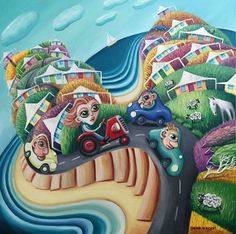 a painting of people riding on top of a hill with cars and houses in the background