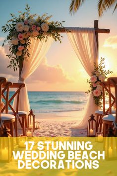 an outdoor wedding ceremony setup with flowers and candles on the beach at sunset or sunrise