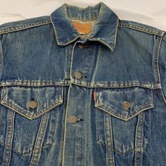 Big E Levi’s denim jacket 1950-70s Size: No size listed/fits like small chest-18” shoulder-6” sleeve-24” Top to bottom-22” Vintage Pre-washed Medium Wash Denim Jacket, Vintage Jeans With Pockets For Fall, Vintage Pre-washed Fall Jeans, Retro Faded Denim Jacket With Pockets, Vintage Blue Denim Vest For Fall, Vintage Jeans For Fall, Vintage Levi's Blue Outerwear, Levi's Vintage Outerwear With Pockets, Vintage Blue Levi's Outerwear