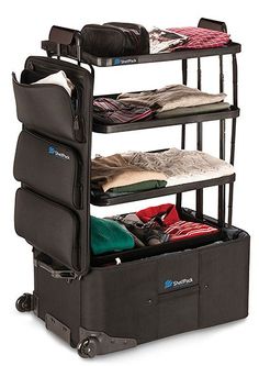 three tiered luggage cart with clothes in it