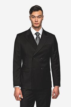 Classic Black Double Breast Suit - MenSuits Black Double Breasted Suit, Peak Lapel, Button Jacket, Black Suit, Black Suits, Tie Shoes, Jacket Buttons, Lapel Collar, Double Breasted