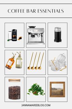 the coffee bar essentials list is shown in white and black, with gold accents