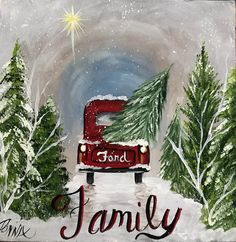 a painting of a red truck driving down a snowy road with christmas trees on it