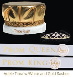 an ad for prom king and princess tiara white and gold sashes on black background