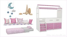 a child's bedroom with pink and white furniture