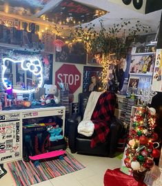 a living room filled with lots of christmas decorations and decorating items on the walls