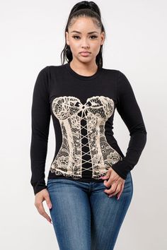 Introducing the Cozy Corset Printed Top, the perfect addition to your winter wardrobe. This top gives you the sexy look of a corset without the uncomfortable feel. Made in the USA, it is crafted with 95% cotton and 5% spandex for a comfortable and flattering fit. With its cute corset print and long sleeves, this top can be worn as a single layer or paired with a jacket for a stylish and versatile look. Available in sizes S/M/L, this top is perfect for all body types. So whether you're dressing u Black Corset For Fall Night Out, Black Corset For Night Out In Fall, Spring Underbust Top For Night Out, Underbust Tops For Night Out In Spring, Underbust Tops For Spring Night Out, Fitted Underbust Tops For Night Out, Stretch Underbust Top For Night Out, Casual Stretch Corset For Night Out, Fitted Long Sleeve Corset