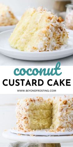 coconut custard cake on a plate with the rest of the cake in the background