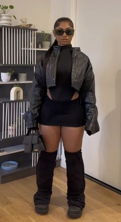 Opiumcore Outfits Black Women, Opiumcore Outfits Winter, Sza Aesthetic Outfits, Knee High Boots Outfit Black Women, Opiumcore Outfits, Fashion Outfits Black, December Outfits, Jacket Outfit Women