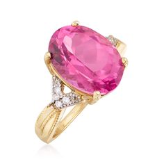 Ross-Simons - 7.00ct Pink Topaz Ring, Diamond Accents in 14kt Yellow Gold. Size 8. This ring is so fun to flaunt! Featuring a fabulous 7.00 carat oval pink topaz gem that glistens on a diamond-accented band of 14kt yellow gold. 1/2" wide. Pink topaz ring. Pink Topaz Ring, Ring With Diamond, Pink Topaz, Ring Diamond, Topaz Ring, Topaz, All In One, Fine Jewelry, Size 7