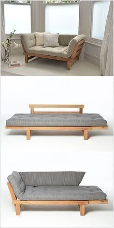 three different views of the same couch and bed