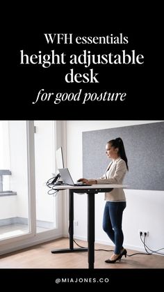 a woman standing at a desk with a laptop on it and the words wifi essentials height adjustable disk for good posture