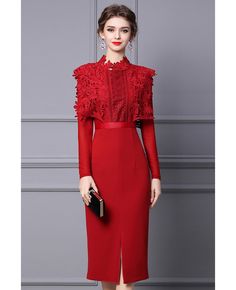 Get 10% off now! Buy classy red sheath party dress with lace long sleeves at cheap price online. Free stable shipping and pro custom service since 2009. Party Dresses Women, Lace Corset Dress, Womens Winter Dresses, Midi Party Dress, Evening Party Dresses, Office Dresses For Women, Elegant Dresses For Women, Lace Patchwork, Patchwork Dress